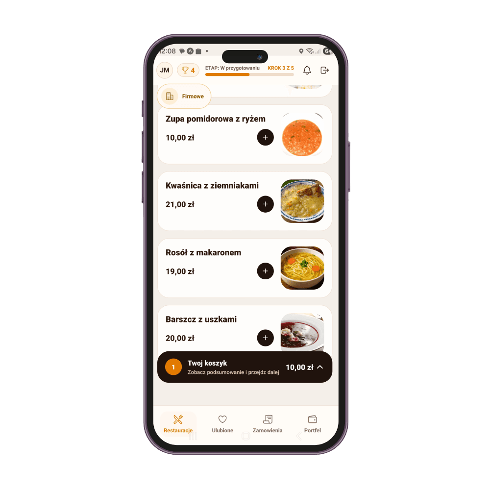 Aplikacja mobilna — menu i koszyk